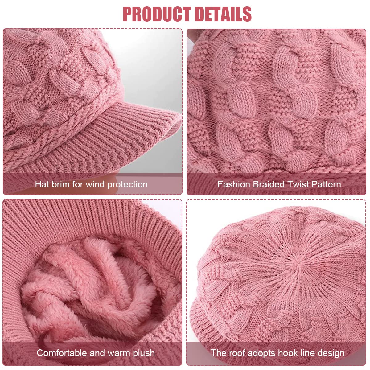 PALAY Winter Cap for Women Stylish Knitted Beret Cap Fleece Lined Wide Brim Beret for Women Warm Hat for Girl Ladies Pink PALAY Winter Cap for Women Stylish Knitted Beret Cap Fleece Lined Wide Brim Beret for Women Warm Hat for Girl Ladies Pink